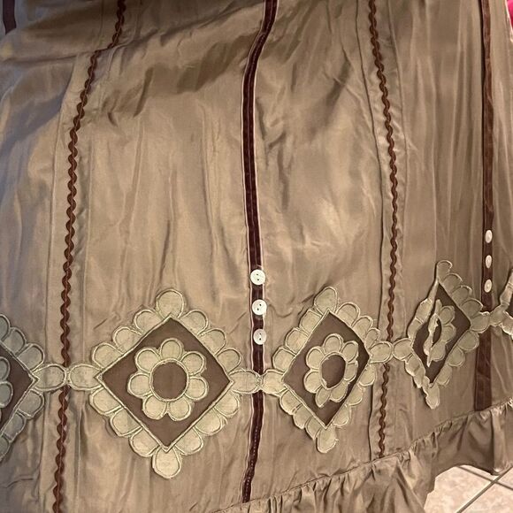 Anthropologie Autograph Brown Beige Silk Ribbon Applique Floral Buttons Skirt 10 - Picture 7 of 11